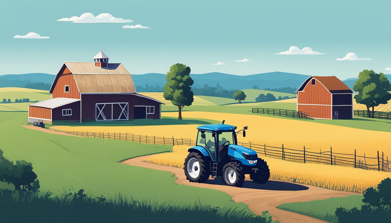 A rural landscape with a farmhouse, barn, and fields of crops under a clear blue sky. A tractor and livestock are visible, along with a sign for the AG Exemption application process