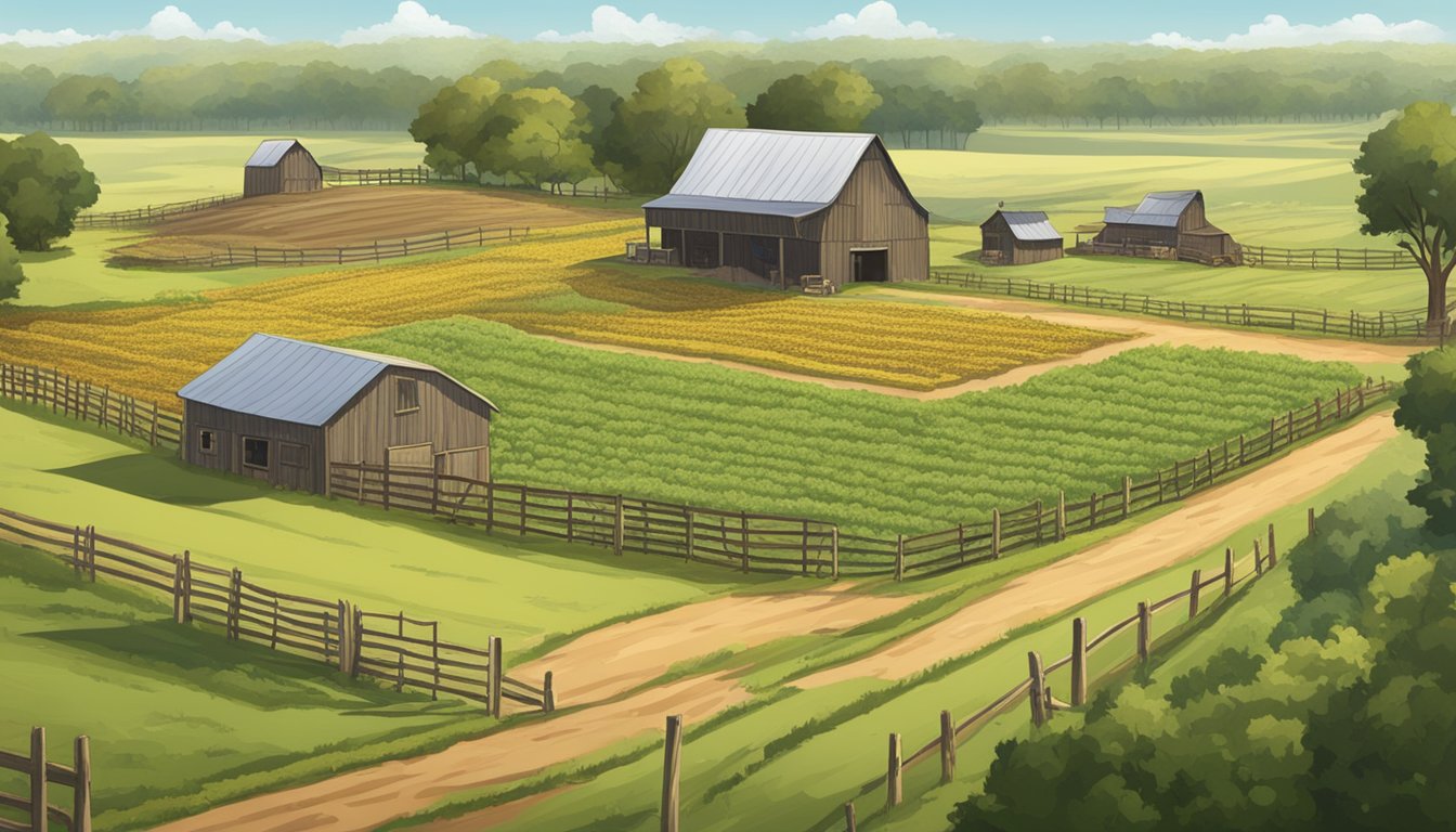 A sprawling farm in San Augustine County, Texas, with fields of crops and grazing livestock, surrounded by a rustic wooden fence