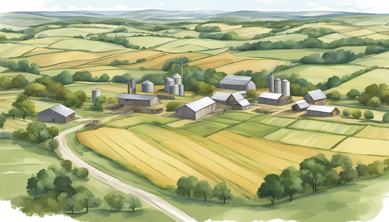 A rural landscape in Somervell County, Texas, with agricultural buildings and fields, surrounded by a clear regulatory framework