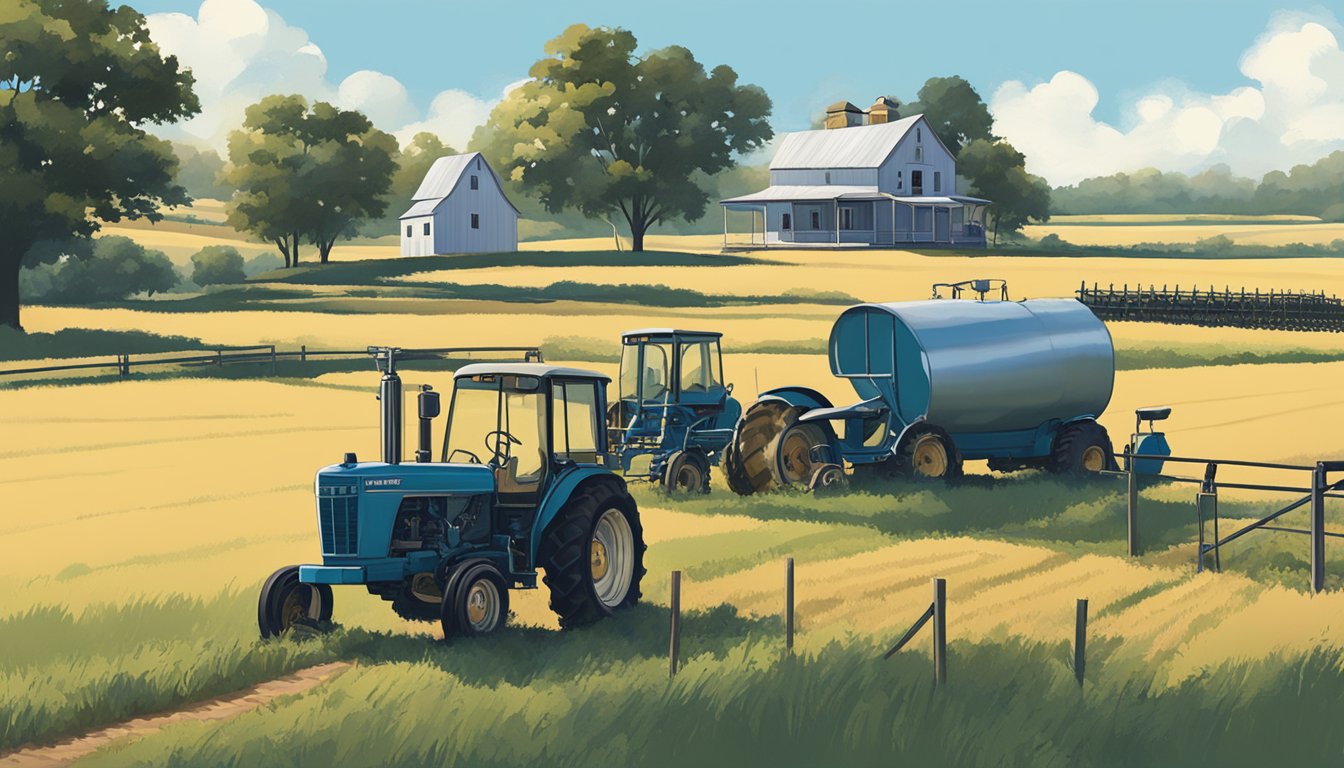 A rural landscape in San Augustine County, Texas, with a farmhouse, fields, and agricultural equipment, under a clear blue sky