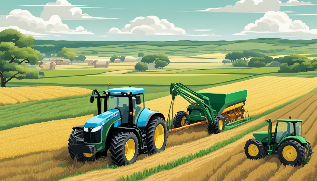 Rolling fields of crops and grazing land in Somervell County, Texas, with farm equipment and livestock, illustrating the economic impact of agricultural exemptions