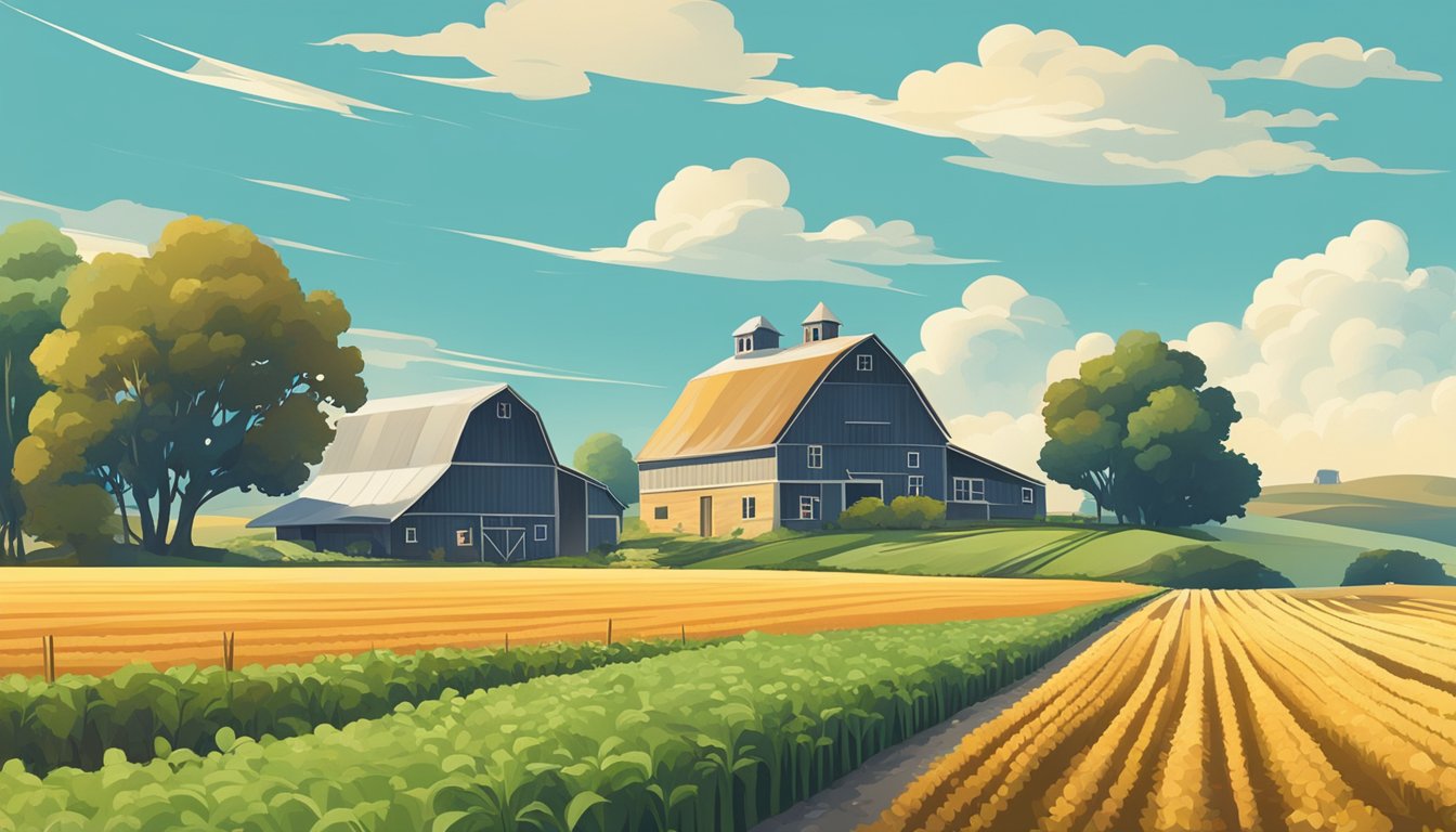 A rural landscape with a farmhouse, barn, and fields of crops under a clear blue sky