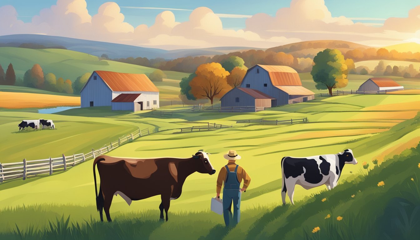 A rural landscape with a farmhouse, barn, and fields. A farmer fills out paperwork while livestock graze nearby