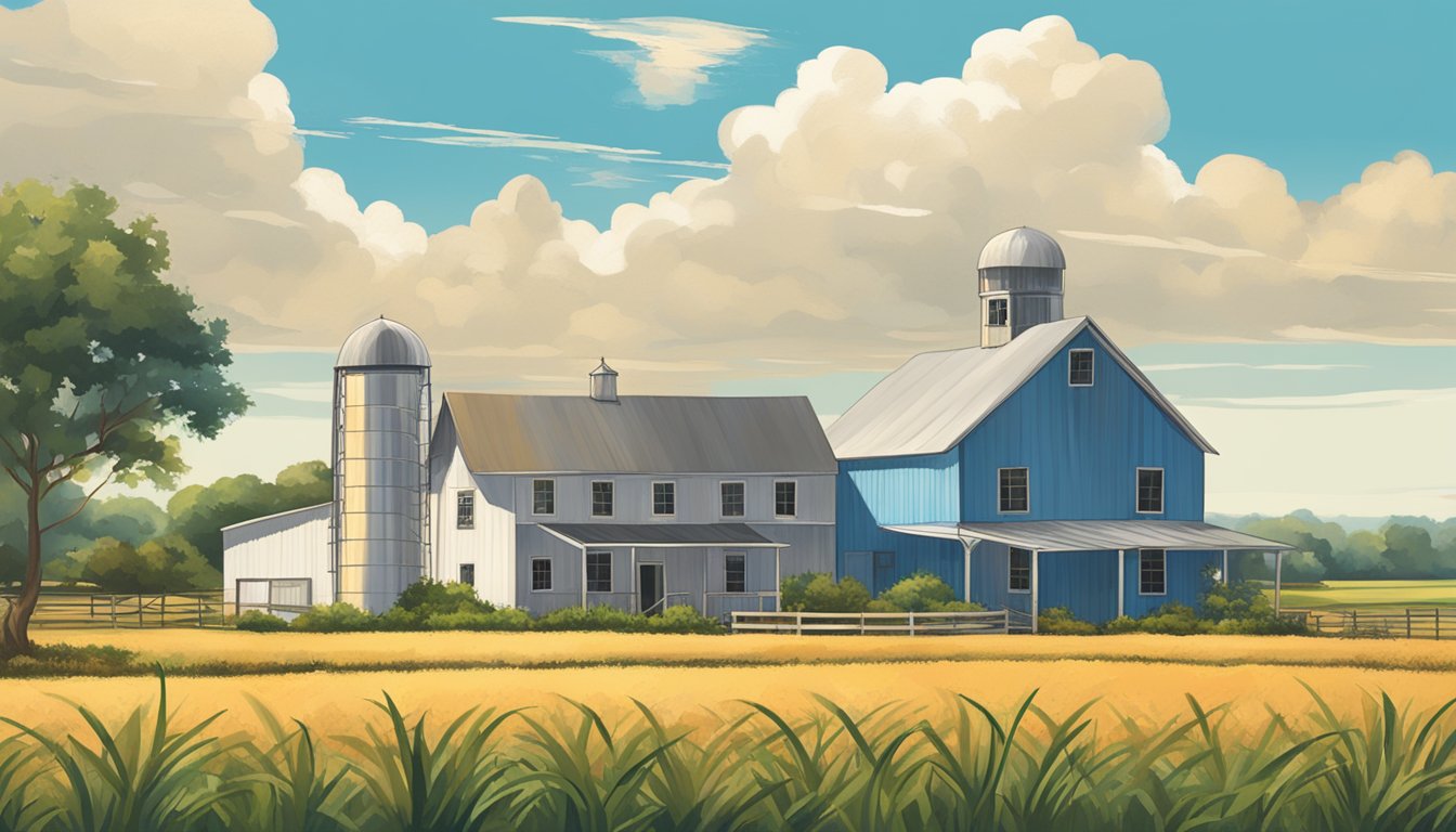 A rural landscape with a farmhouse, barn, and fields of crops under a bright blue sky in San Patricio County, Texas