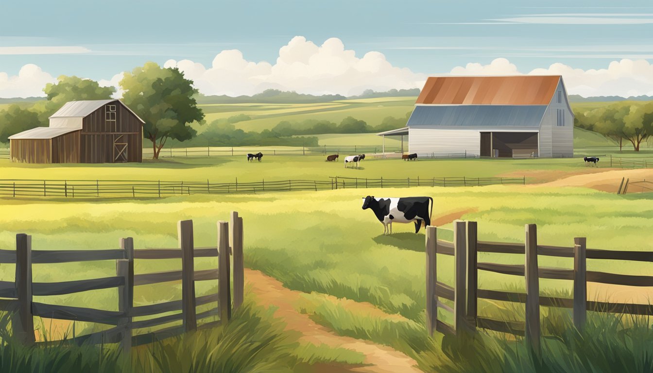 A rural landscape in San Patricio County, Texas, with fields of crops and livestock, surrounded by a fence and a farmhouse