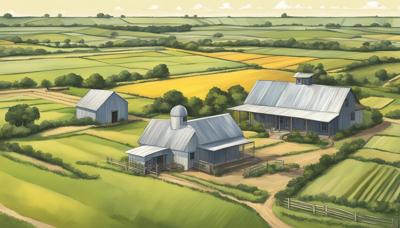 A rural landscape in San Patricio County, Texas, featuring agricultural fields, livestock, and a farmhouse with a prominent "ag exemption" sign