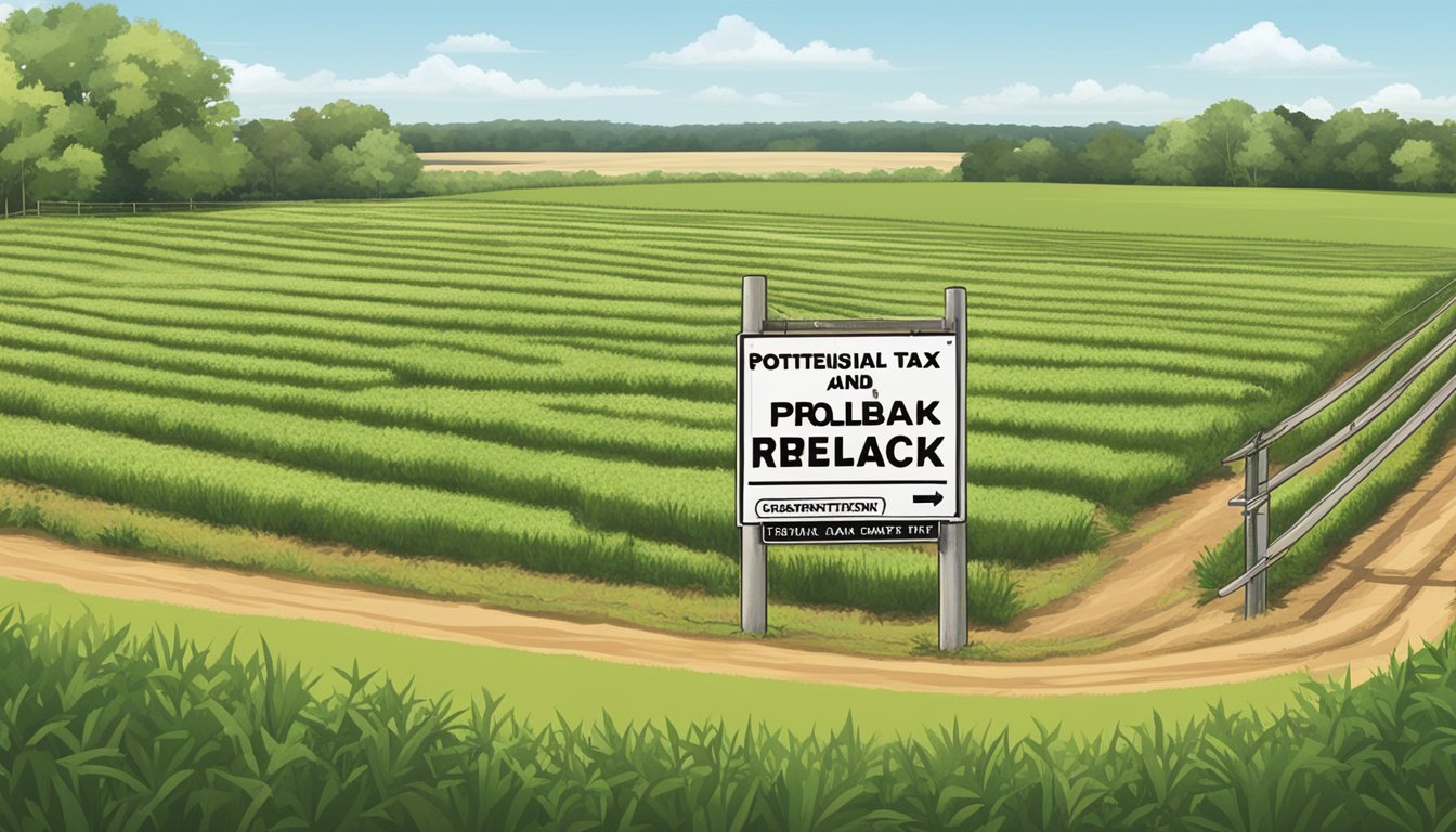 A rural landscape with a large sign displaying "Potential Penalties and Rollback Tax" in San Augustine County, Texas. A field with agricultural exemption is in the background