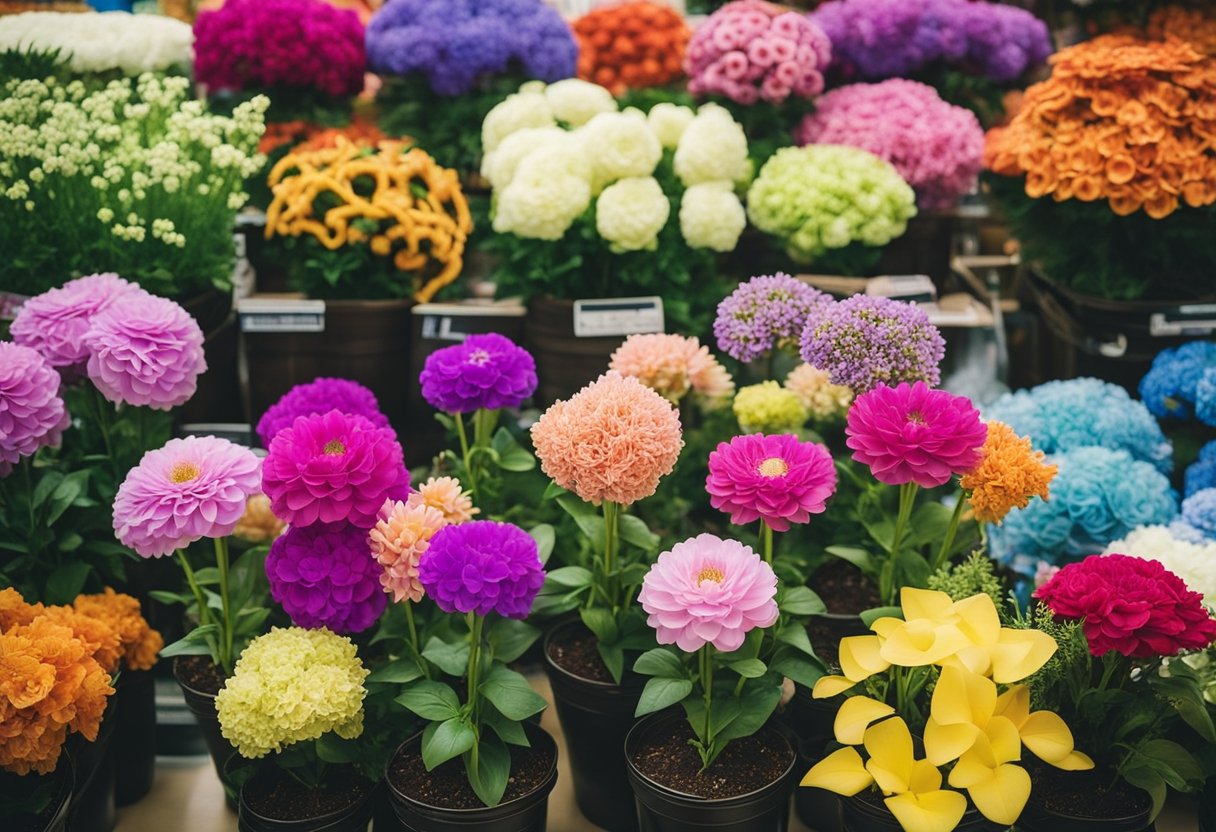 A colorful array of artificial flowers and gardening supplies on display in a dollar store