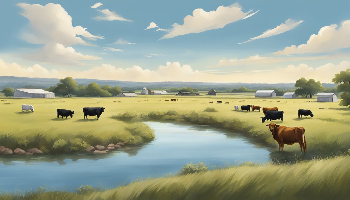 A serene Texas landscape with a sprawling farm, cattle grazing, and a clear blue sky