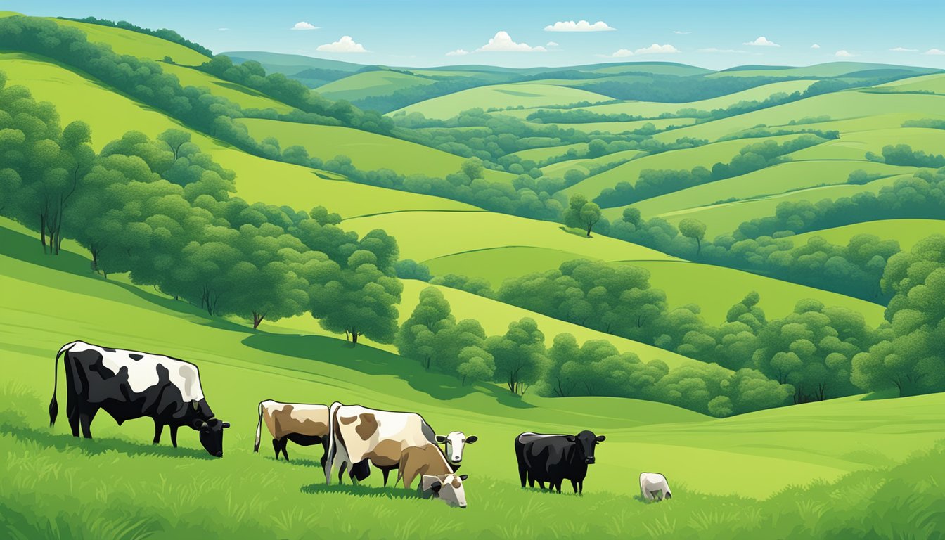 Rolling hills of green pasture dotted with grazing cattle, bordered by dense forests and a clear blue sky above