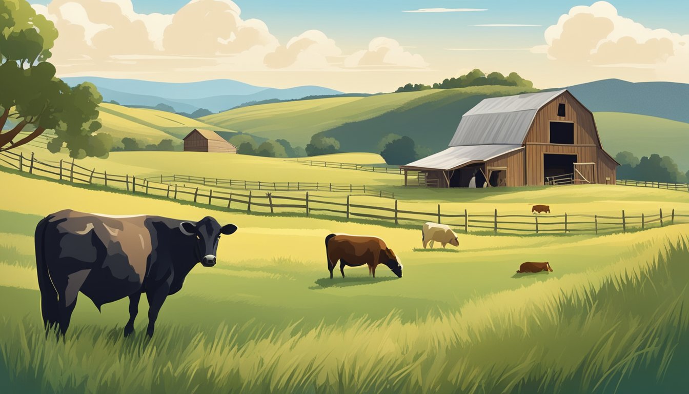 An open field with a rustic barn and grazing livestock, surrounded by rolling hills and a clear blue sky