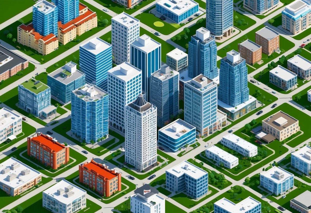 A bustling city skyline with various types of buildings and properties, including high-rise apartments, suburban homes, and commercial spaces