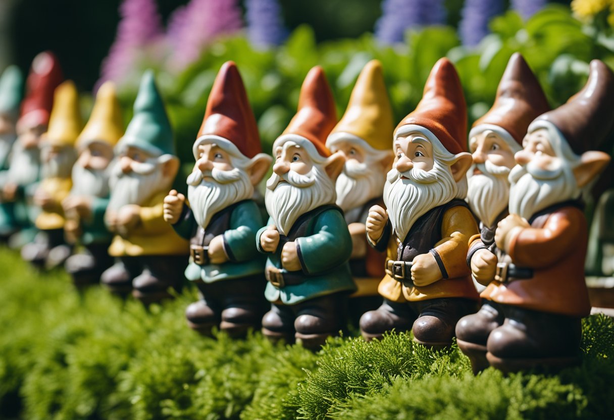 A row of ceramic garden gnomes on display in a $15 dollar store garden section