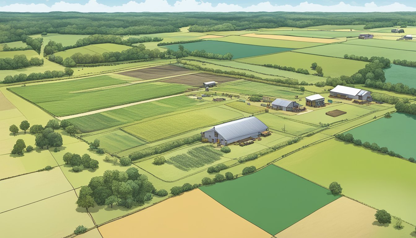 A sprawling agricultural property in Shelby County, Texas, with fields of crops and livestock grazing, surrounded by fences and marked with ag exemption signage