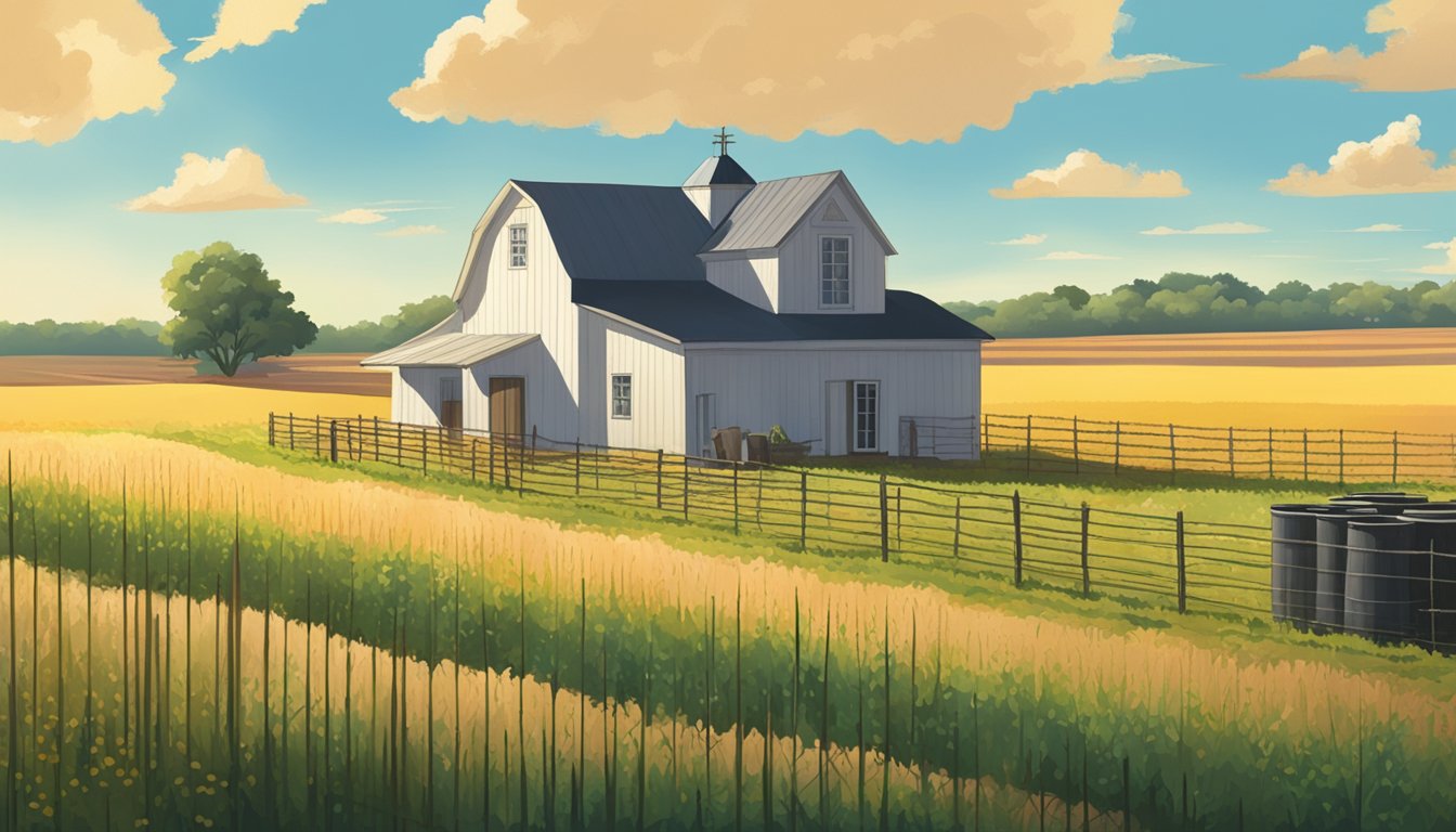 A sunny field in Shelby County, Texas, with rows of crops and grazing livestock, surrounded by a fence and a farmhouse in the distance