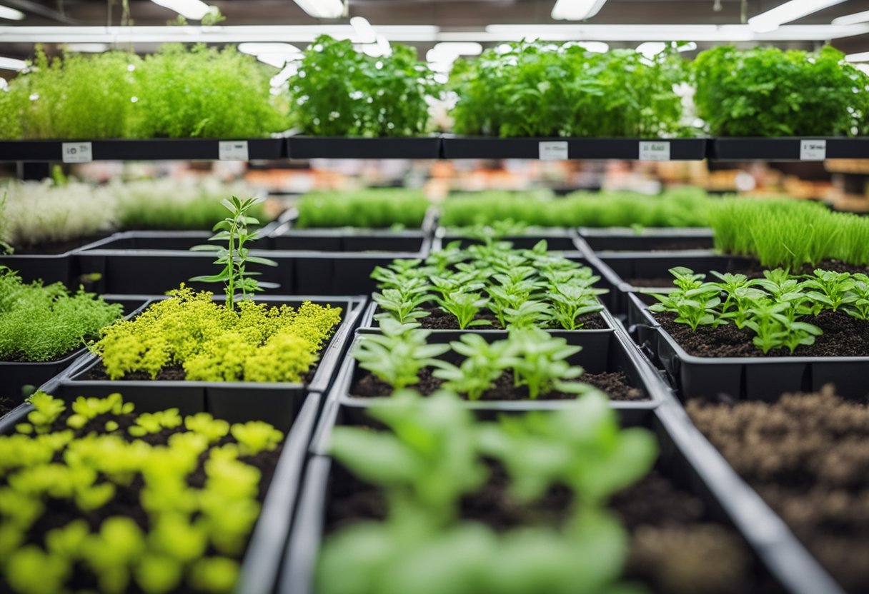 A colorful display of herb growing kits arranged neatly on shelves in a dollar store garden section