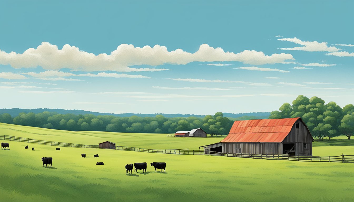 Rolling hills of green pastures in Sabine County, Texas. A rustic barn with a red tin roof sits in the distance, surrounded by grazing cattle and a clear blue sky above