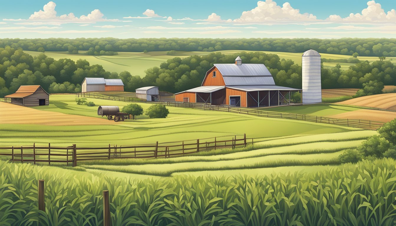 A rural landscape in Sabine County, Texas, with a farmhouse, barn, and rolling fields of crops or livestock, under a clear blue sky