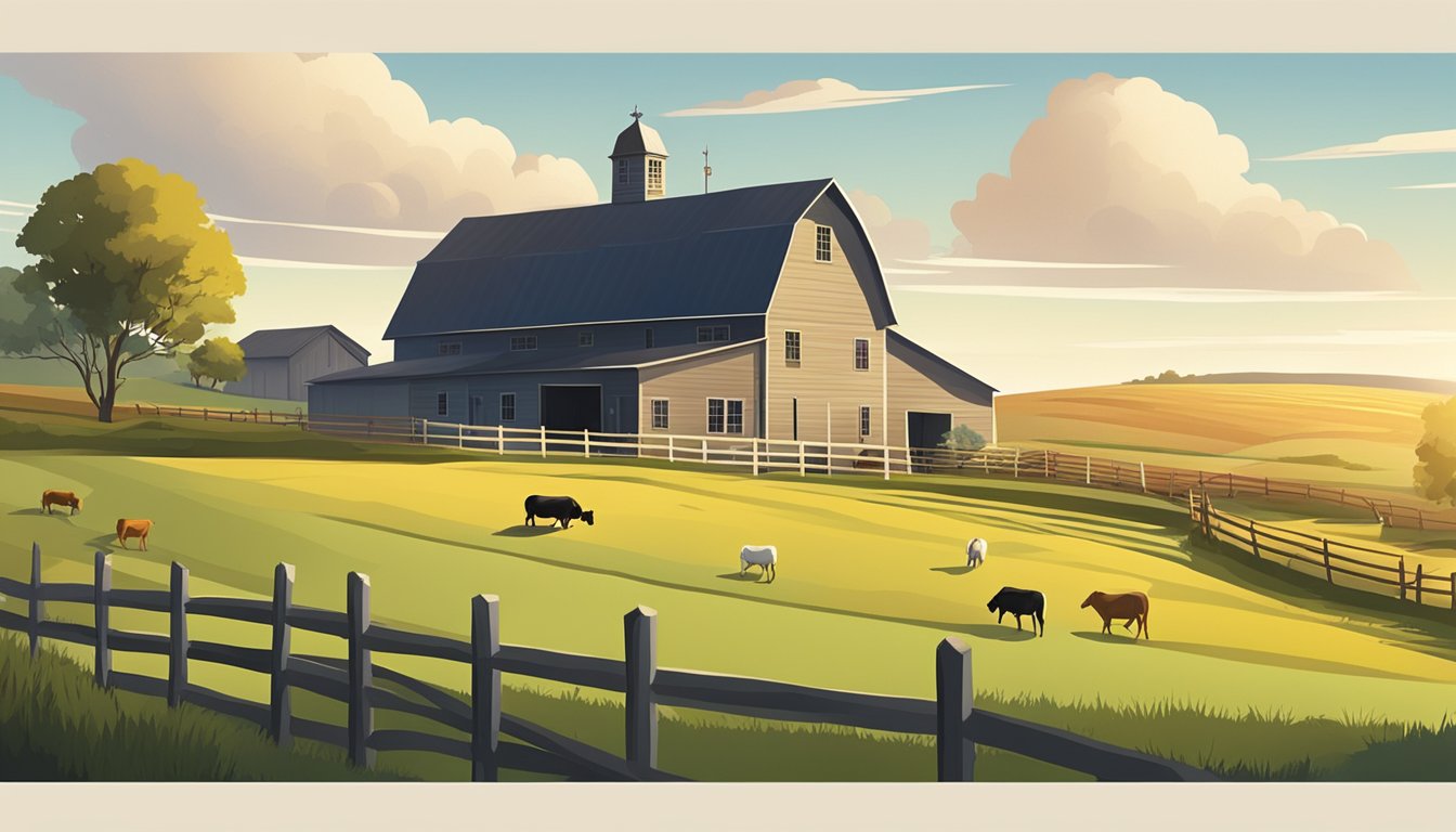 A rural landscape with a farmhouse, barn, and grazing livestock surrounded by fields and fences