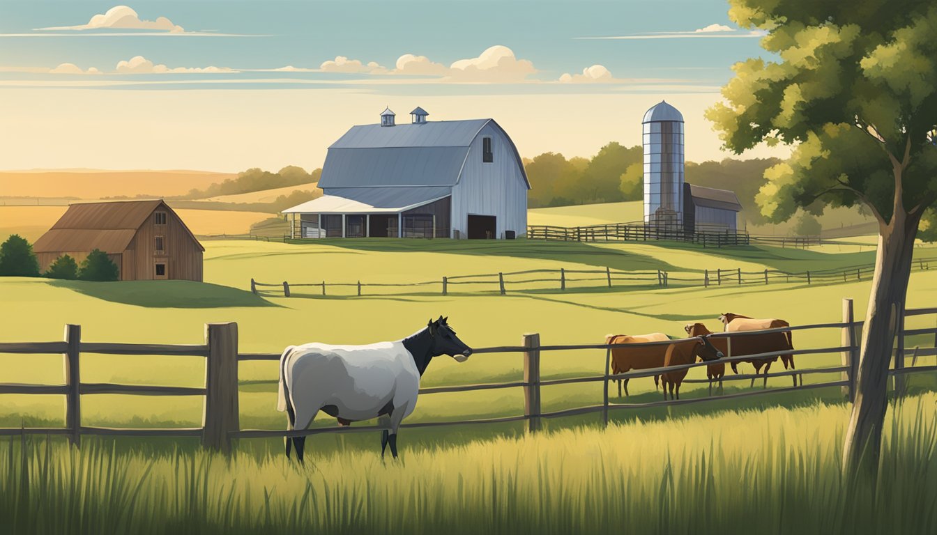 A rural landscape with a farmhouse, barn, and grazing livestock, surrounded by fields and pastures. A sign displays "Shelby County Texas AG Exemption."