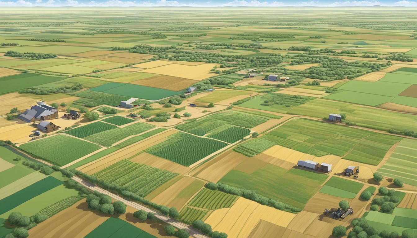 A sprawling rural landscape in Runnels County, Texas, with fields of crops, grazing livestock, and agricultural equipment