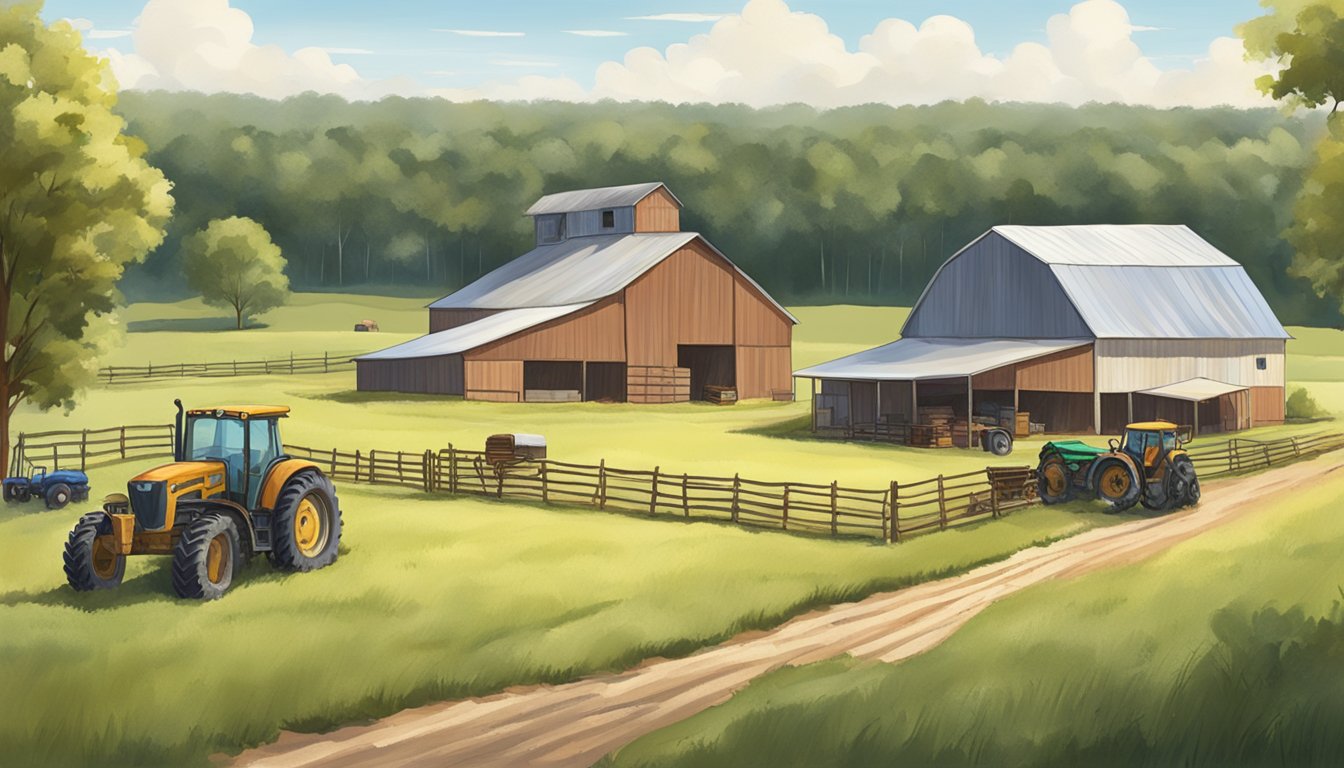 A rural landscape with a farmhouse, barn, and open fields in Sabine County, Texas. A tractor and farming equipment are visible