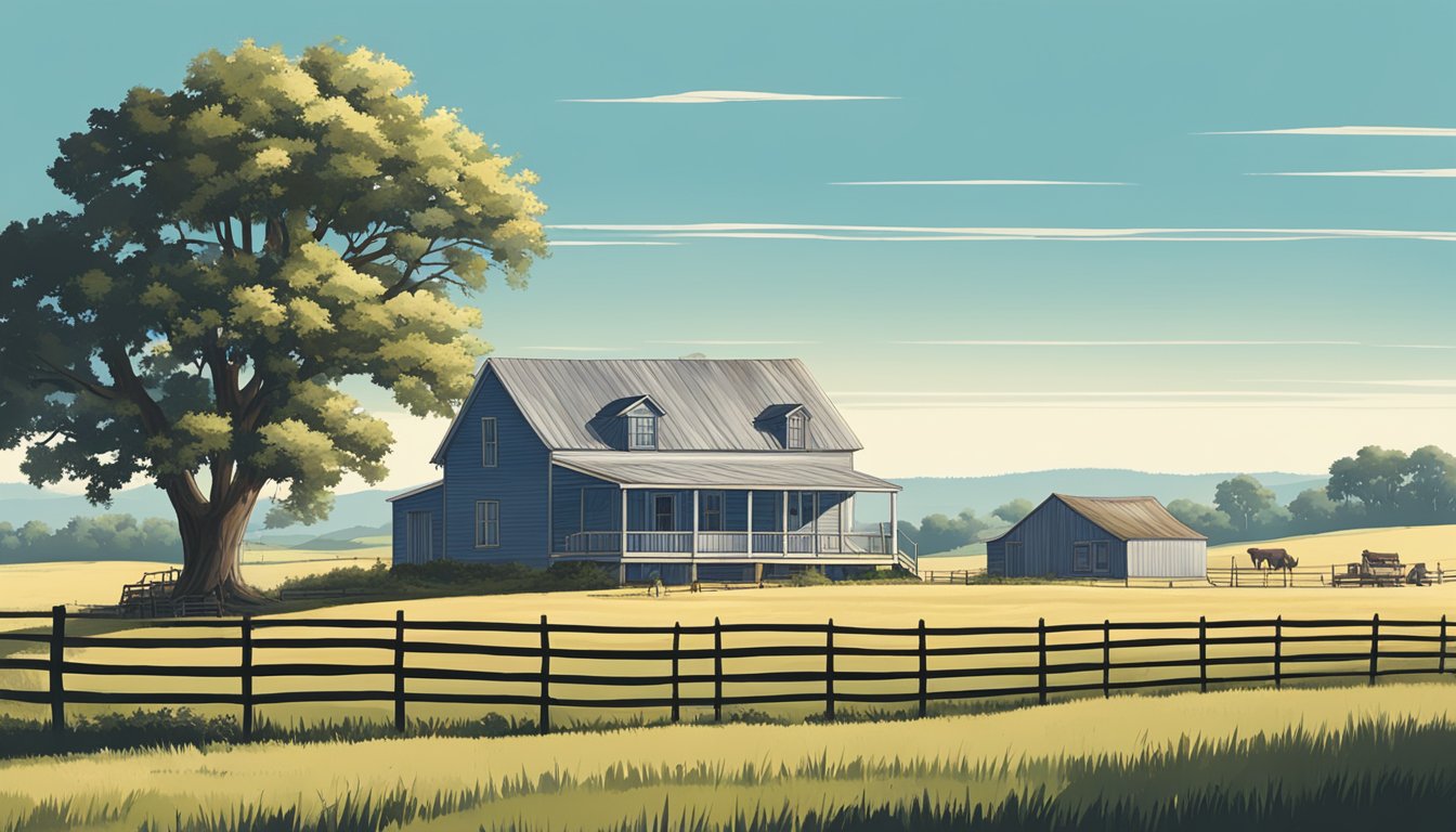 A rural landscape in Shelby County, Texas, with a farmhouse, fields, and livestock grazing under a clear blue sky