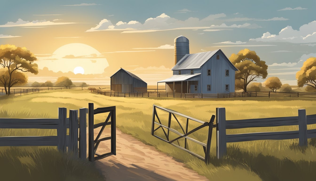 A rural landscape in Runnels County, Texas, with a farmhouse, barn, and fields of crops or livestock. A fence or gate marks the property boundary