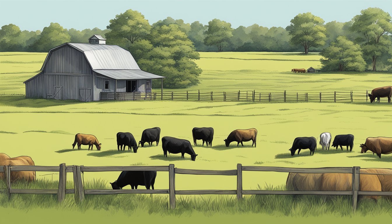 A rural landscape in Sabine County, Texas, featuring a large open field with grazing livestock and a farmhouse with a barn