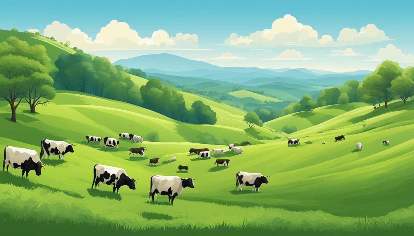 Rolling hills of green pastures, dotted with grazing cattle and bordered by thick forests under a clear blue sky