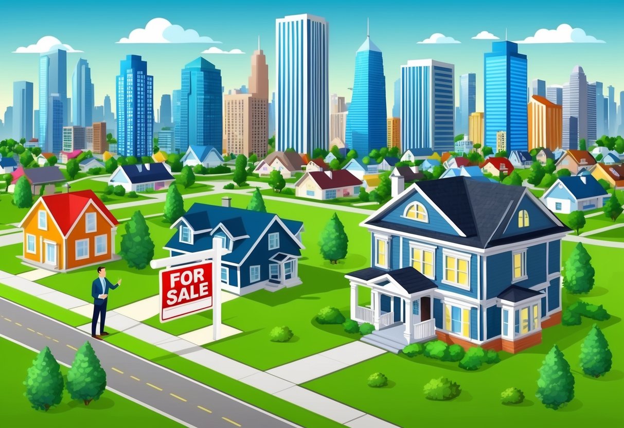 A bustling cityscape with skyscrapers and houses, a "For Sale" sign in front of a suburban home, and a real estate agent showing a property