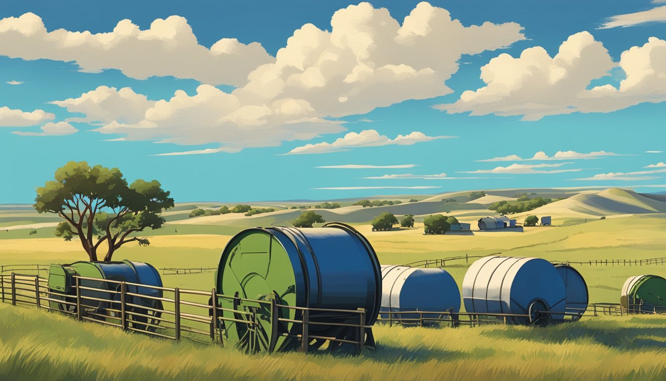 Rolling hills of Runnels County, Texas with livestock grazing. Farm equipment and a farmhouse in the distance. Blue sky with scattered clouds