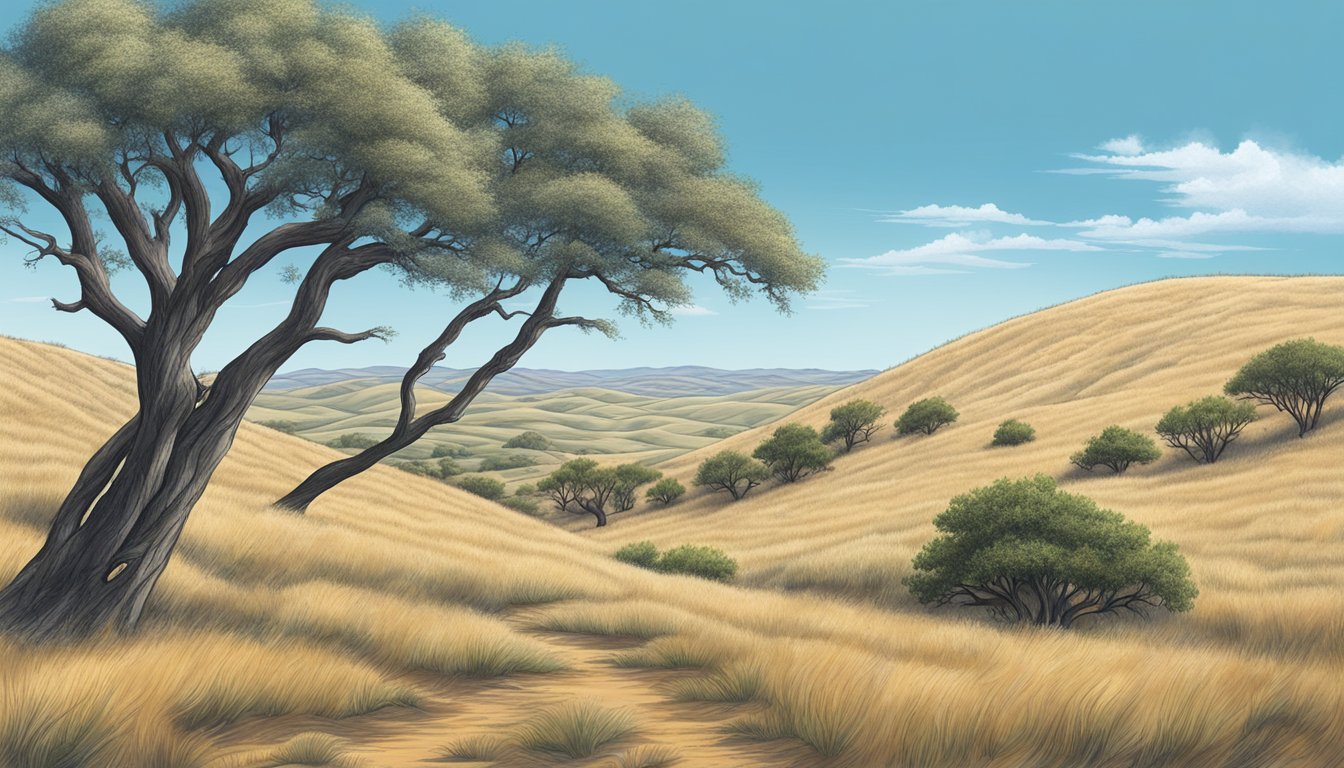 Rolling hills of dry grass and scattered trees under a vast blue sky in Runnels County, Texas