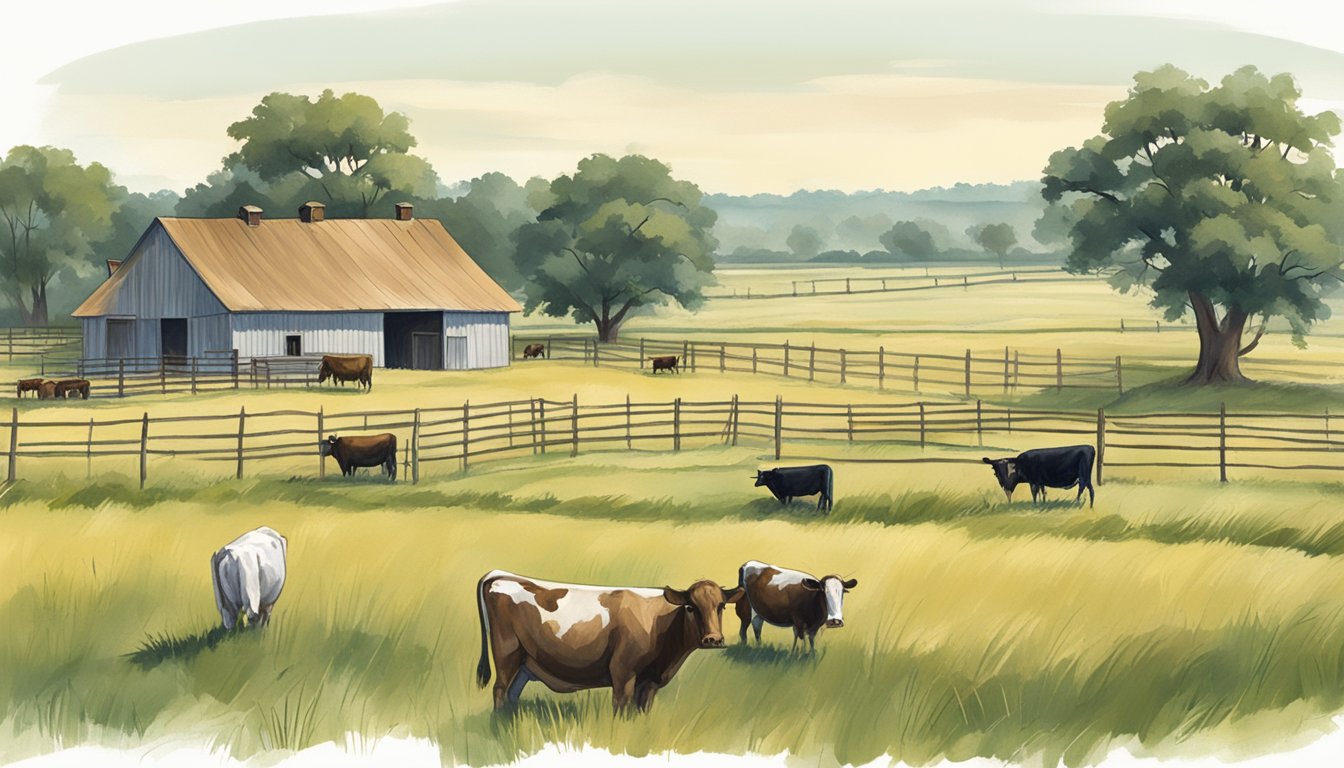 A rural landscape in Schleicher County, Texas, with cattle grazing in a field and a farmhouse in the distance