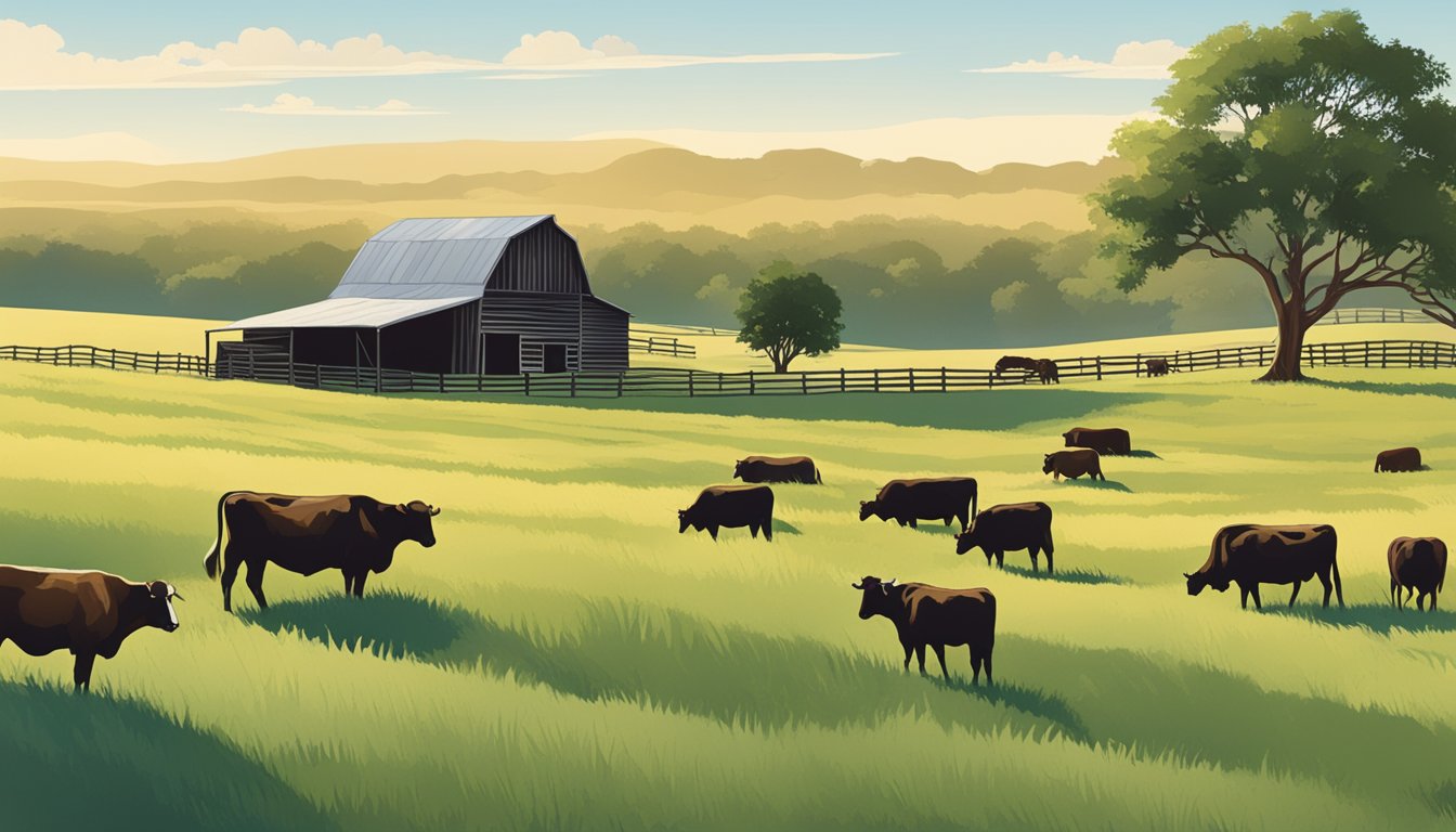 Rolling hills, grazing cattle, and a rustic barn under a clear Texas sky