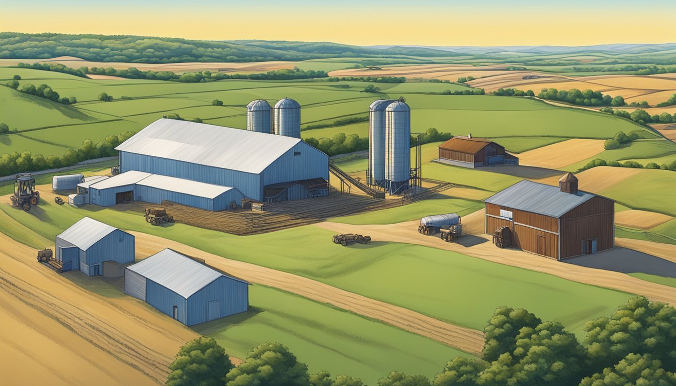 A rural landscape in Rockwall County, Texas, featuring a large agricultural property with livestock, crops, and equipment, surrounded by rolling hills and clear blue skies