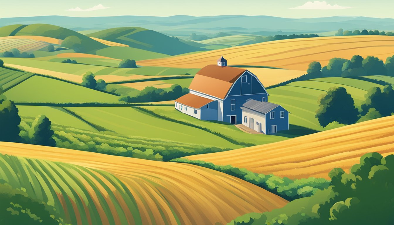 A rural landscape with a farmhouse, barn, and fields of crops, surrounded by rolling hills and a clear blue sky