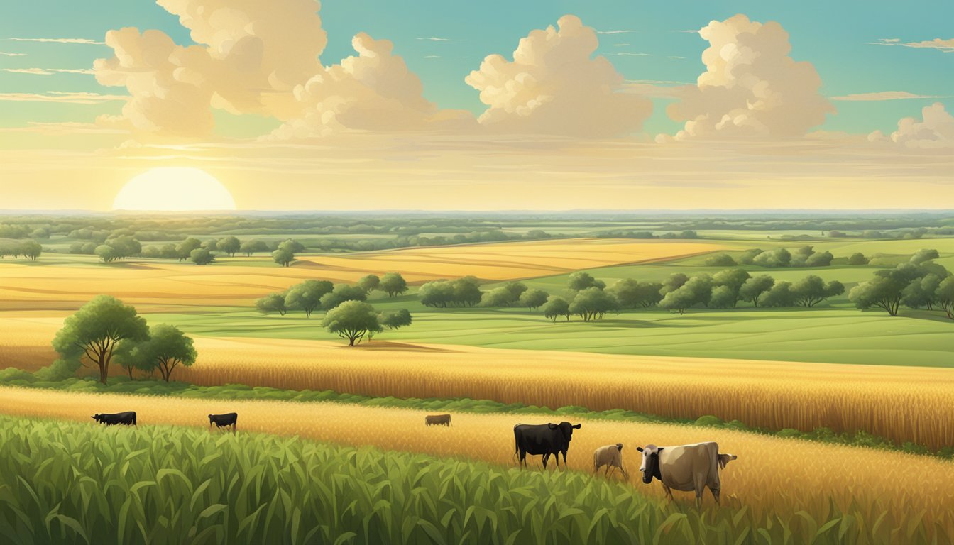 Lush fields of wheat and cotton stretching to the horizon, with cattle grazing in the distance under the Texas sun