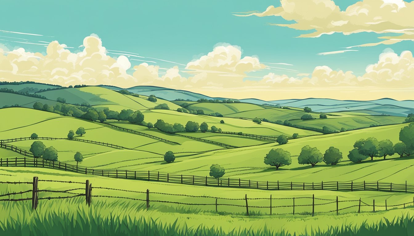 Rolling hills of green pasture under a vast blue sky, dotted with grazing cattle and bordered by barbed wire fences