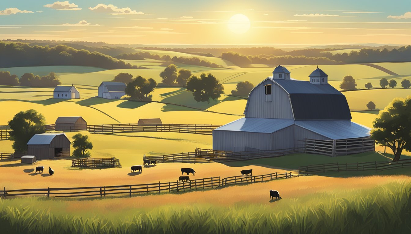 A rural landscape with a large farm field, a barn, and livestock grazing, all under the Texas sun