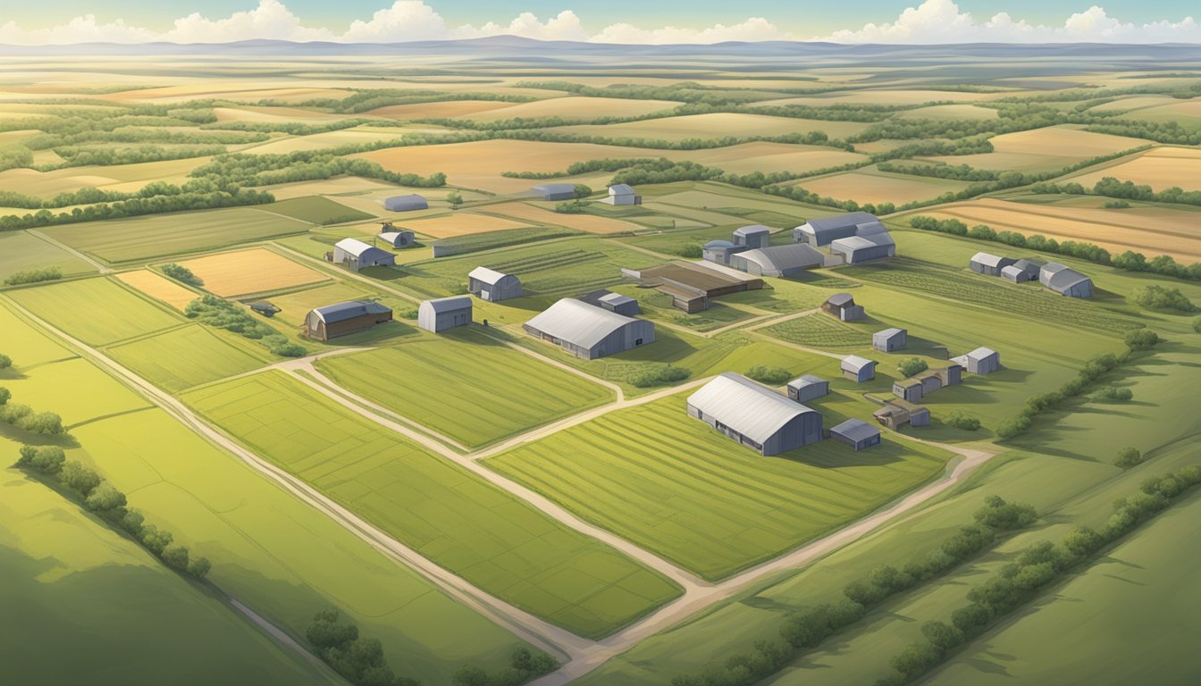 A vast expanse of farmland in Roberts County, Texas, with fields of crops and grazing livestock, surrounded by fences and farm buildings