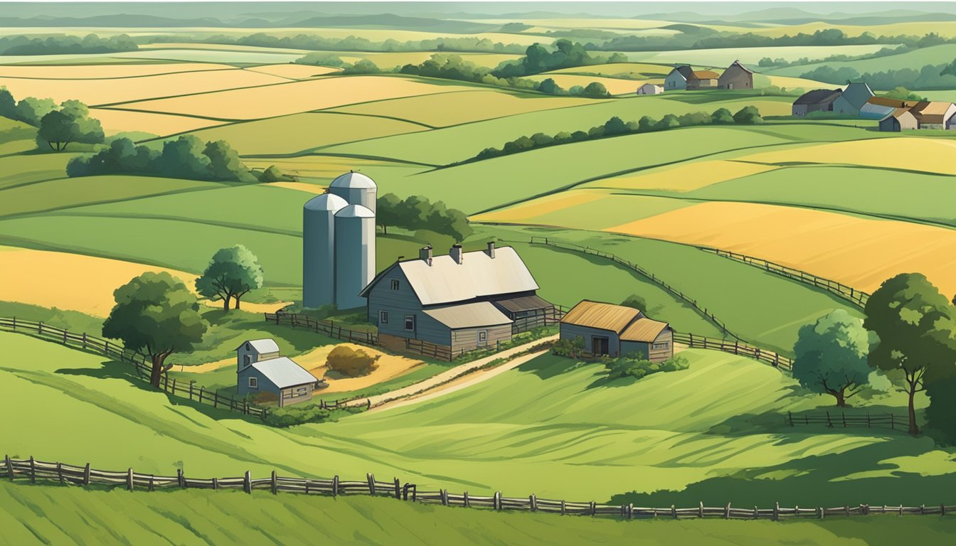 Rolling plains with fields of crops and grazing livestock, bordered by fences and a farmhouse