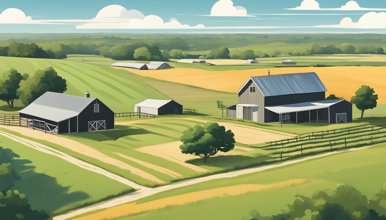 A rural landscape with a farmhouse, barn, and open fields in Roberts County, Texas, with a sign indicating agricultural exemption