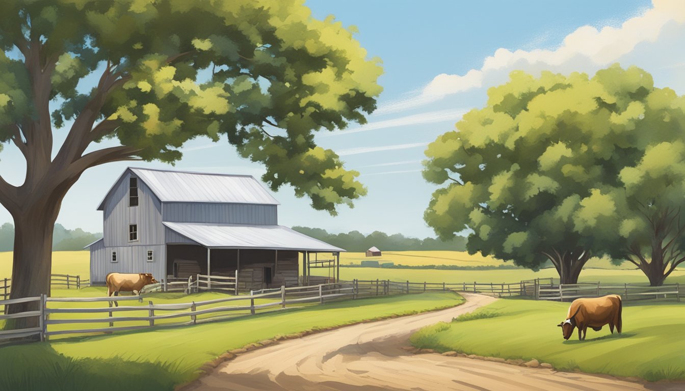 A rural landscape with a farmhouse, barn, and grazing livestock in Roberts County, Texas. A sign displaying "ag exemption" is visible