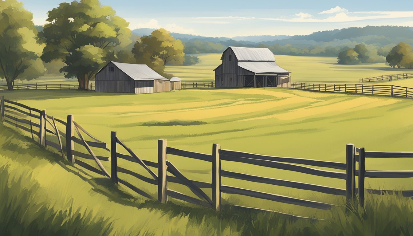 A rural landscape in San Jacinto County, Texas, with a farmhouse, barn, and grazing livestock, surrounded by open fields and bordered by a fence