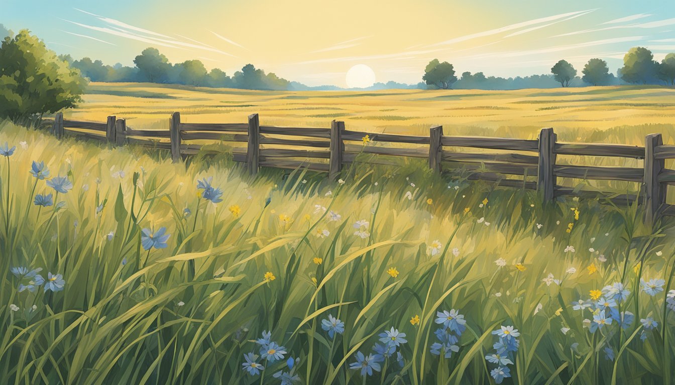 A vast field of tall grass and wildflowers, bordered by a rustic wooden fence and a clear blue Texas sky