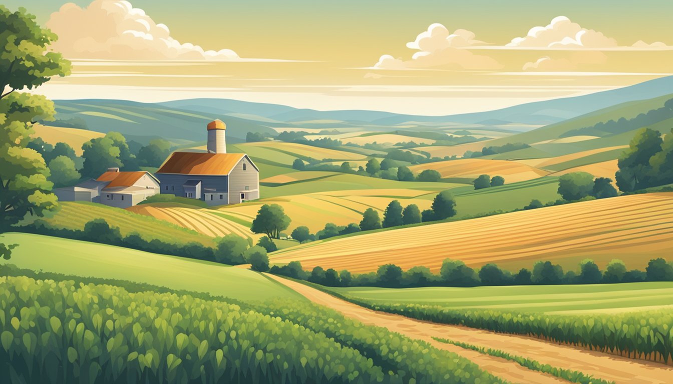 A rural landscape with a farmhouse, barn, and fields of crops, surrounded by rolling hills and a clear blue sky