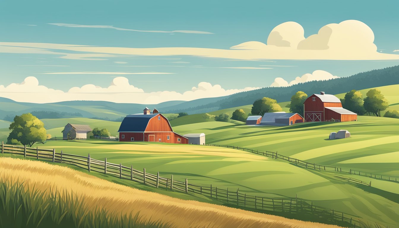 A rural landscape with a farmhouse, barn, and fields, surrounded by rolling hills and grazing livestock, under a clear blue sky