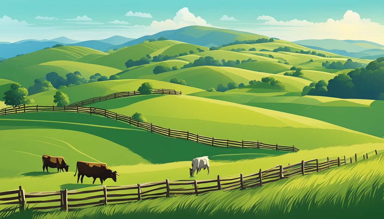 Rolling hills of green pastures dotted with grazing cattle and bordered by wooden fences under a clear blue sky