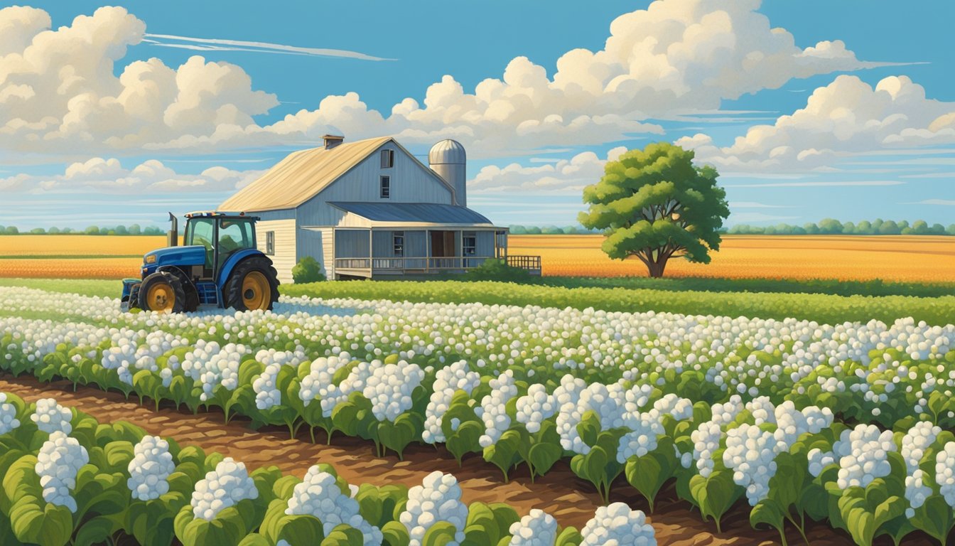 Rolling fields of cotton and corn stretch across the Texas landscape, with a lone farmhouse nestled among the crops. A tractor plows the rich soil under the bright blue sky